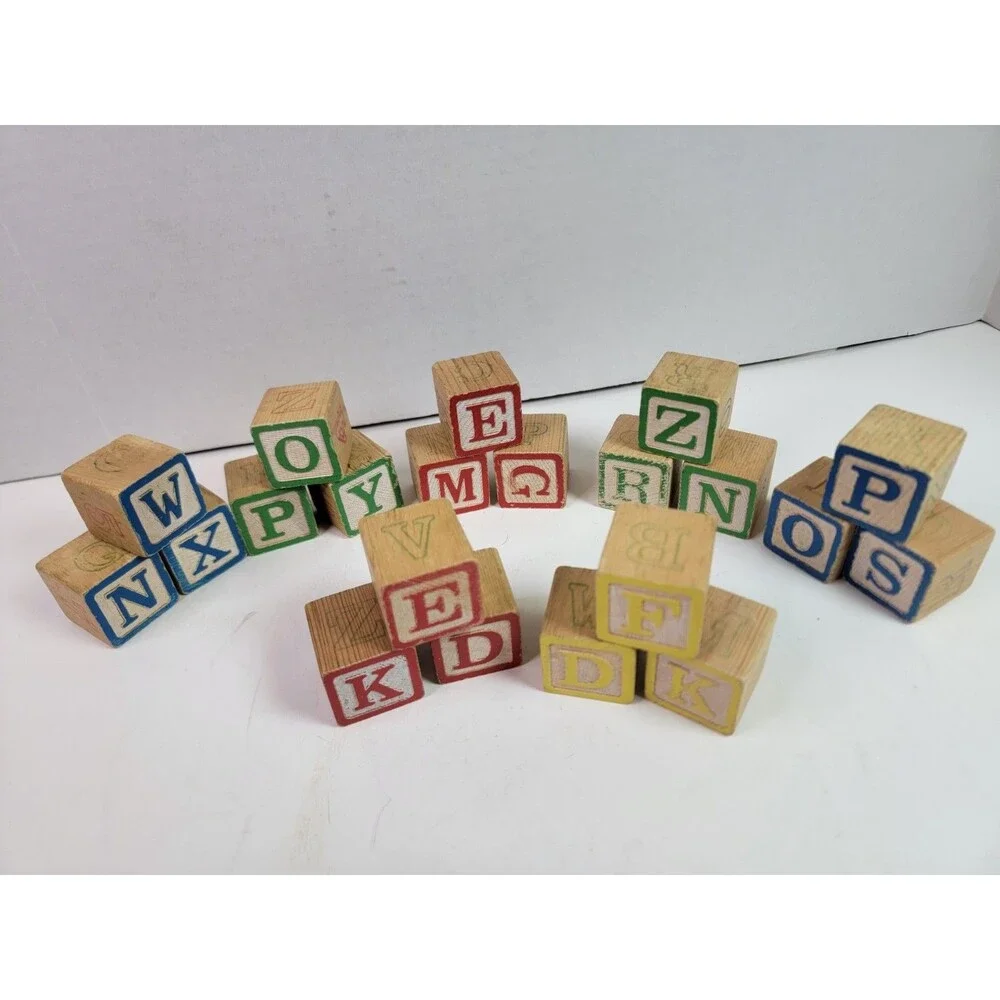 Wooden Alphabet ABC Blocks Vintage Style Colored Letter Learning Toy Lot